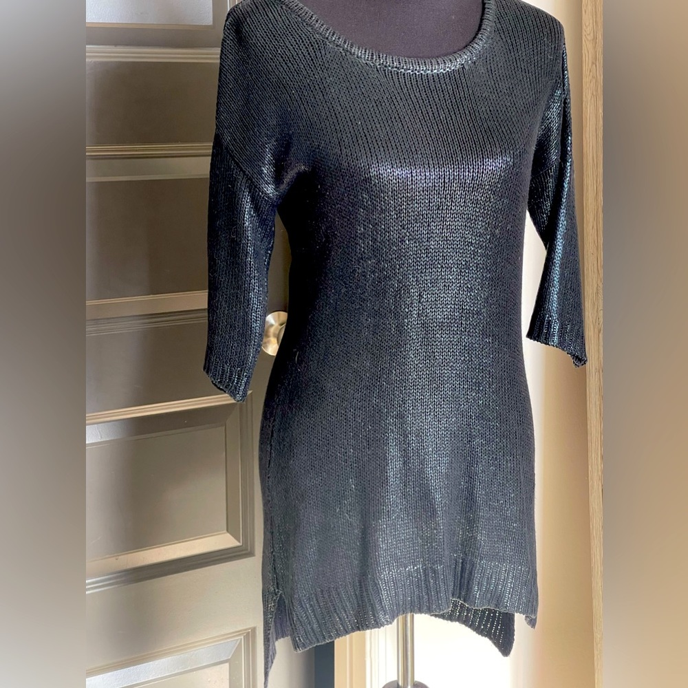 Awake Couture Black Metallic looking Flattering Hi -Lo hem Sweater. Festive! MED